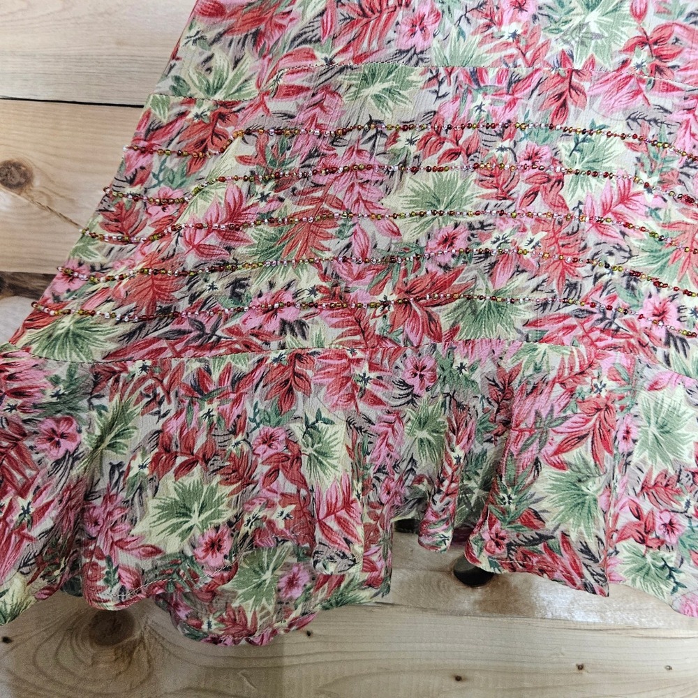 April Cornell Pink Floral Beaded Ruffle Hem Rayon Midi Skirt Large - Picture 3 of 9